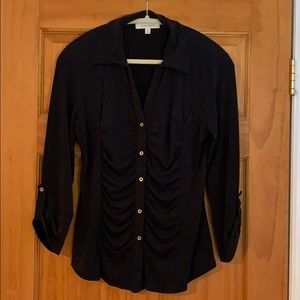 Ellen Tracy blouse in black with gold buttons.